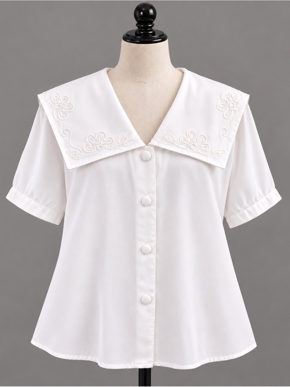 Vintage 80s White Sailor Collar Blouse Embroidered Size 8